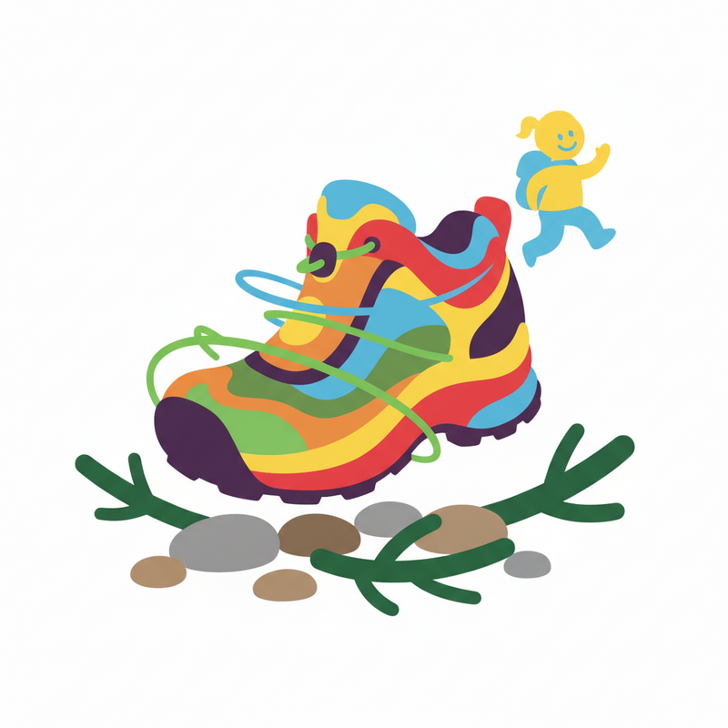 Een kleurrijke, gestileerde tekening van een voet die comfortabel wordt omarmd door een trailschoen, met op de achtergrond een kind-achtig figuur en elementen van een natuurpad zoals stenen en takken.