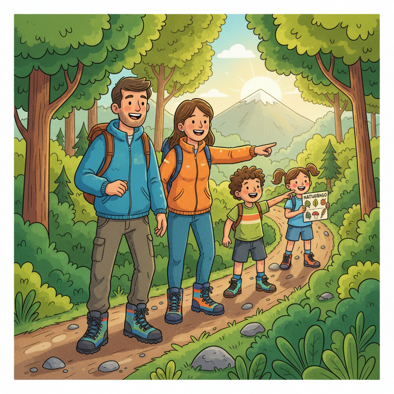 Een kleurrijke tekening van een familie van vier die vrolijk wandelt op een ongelijk bospad. De volwassenen dragen robuuste trailschoenen. Eén kind wijst enthousiast, het andere kind houdt een natuurbingo kaart vast. De scène straalt plezier en avontuur uit, met veel groen en een glimp van ruig terrein.