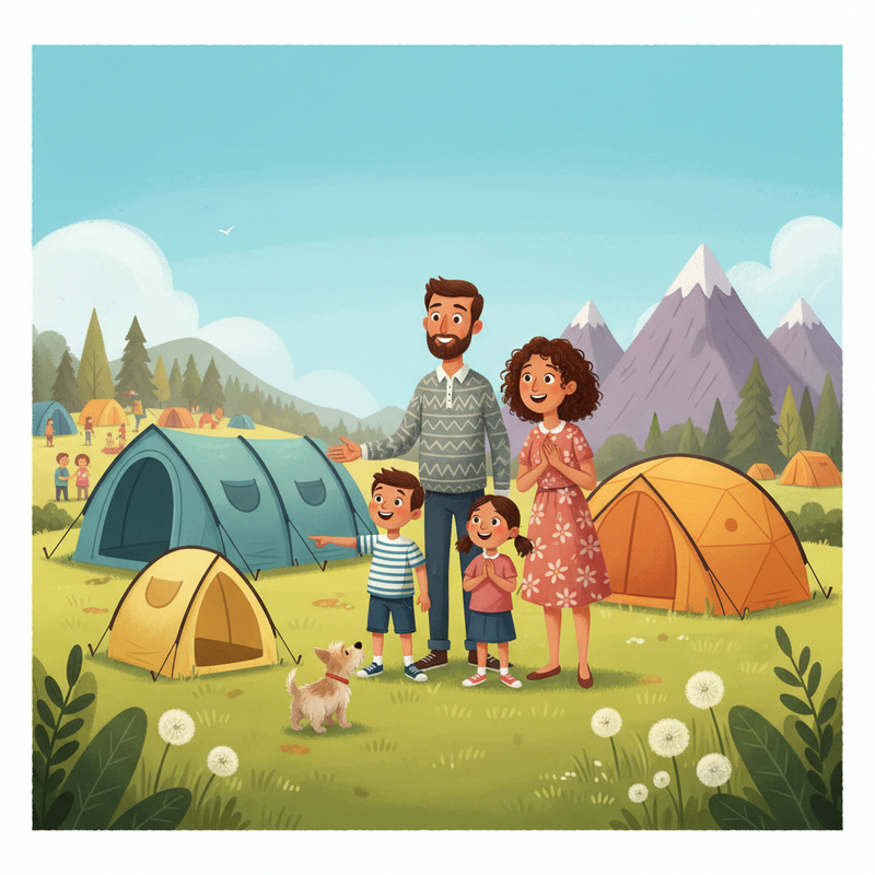 Een kleurrijke illustratie van een gezin van vier en een hond die voor verschillende tenttypen staan (een grote gezinstent, een kleine koepeltent, een compacte pop-up tent) en discussiëren over hun keuze, met verschillende landschappen op de achtergrond die verschillende kampeeravonturen symboliseren.