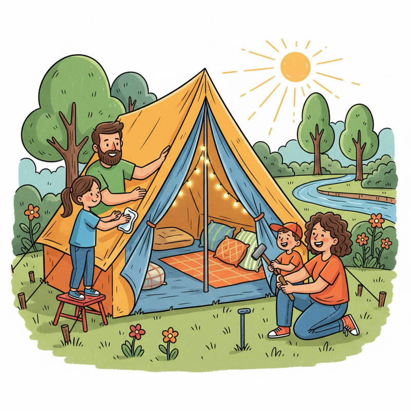 Een vrolijke, kleurrijke tekening van een gezin (twee volwassenen, twee kinderen) dat samen hun tent onderhoudt op een kampeerplek. Eén kind veegt de tent schoon met een doek, terwijl het andere kind een scheerlijn vastzet met een haring. De scene toont teamwork en plezier in een natuurlijke omgeving.