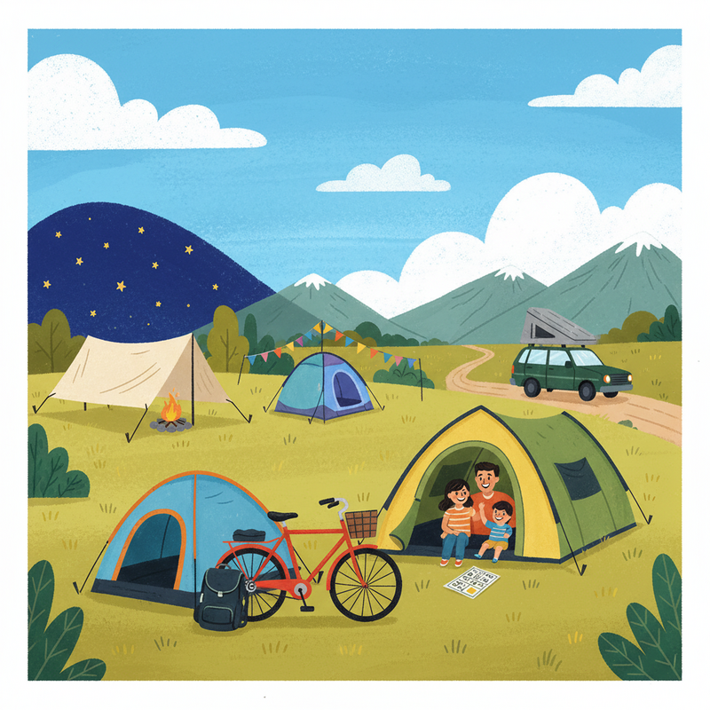 Een illustratie in vrolijke kleuren die diverse tenten in verschillende landschappen toont. Een gele koepeltent staat bij een fiets, een grote blauwe tunneltent met een familie die 'natuurbingo' speelt, een oranje pop-up tent bij feestvlaggen, een auto met een daktent en een groene tarp onder de sterren.