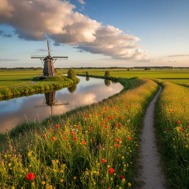 Onverhard wandelpad door groene polder met historische molen op de achtergrond in Nederlands rivierlandschap