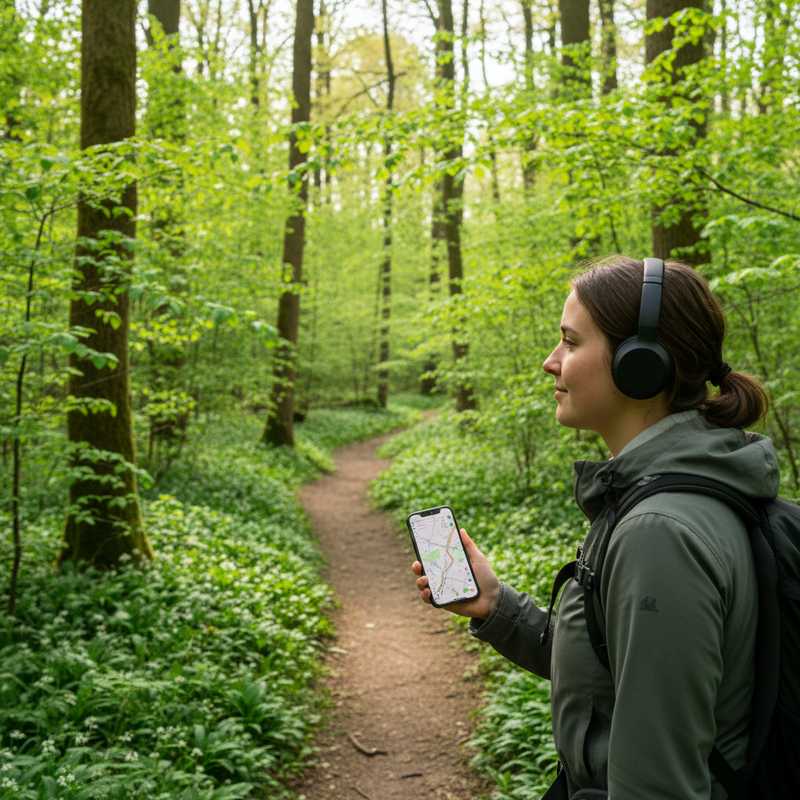 Wandelaar met koptelefoon en smartphone in groen Nederlands bos tijdens voorjaar