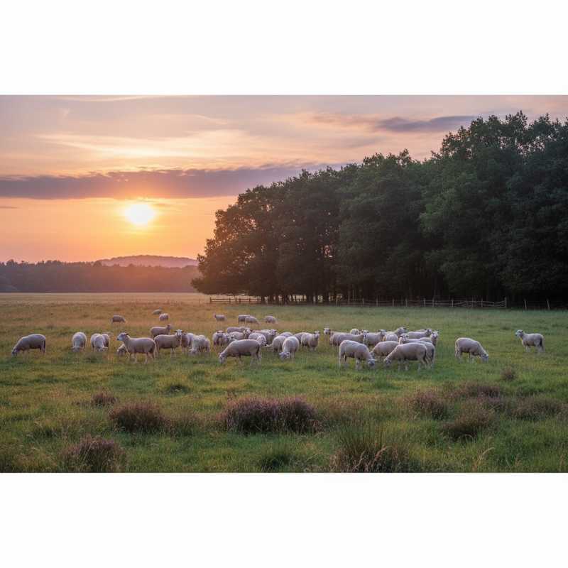 Kudde schapen grazend in weiland nabij bos in de Veluwe bij schemering