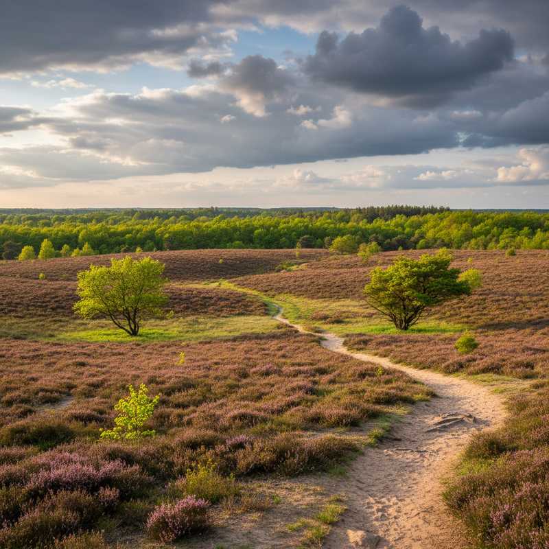 Gloooiende paarse heidevelden van de Posbank op de Veluwe met wandelpaden en bosrand onder voorjaarsluchten