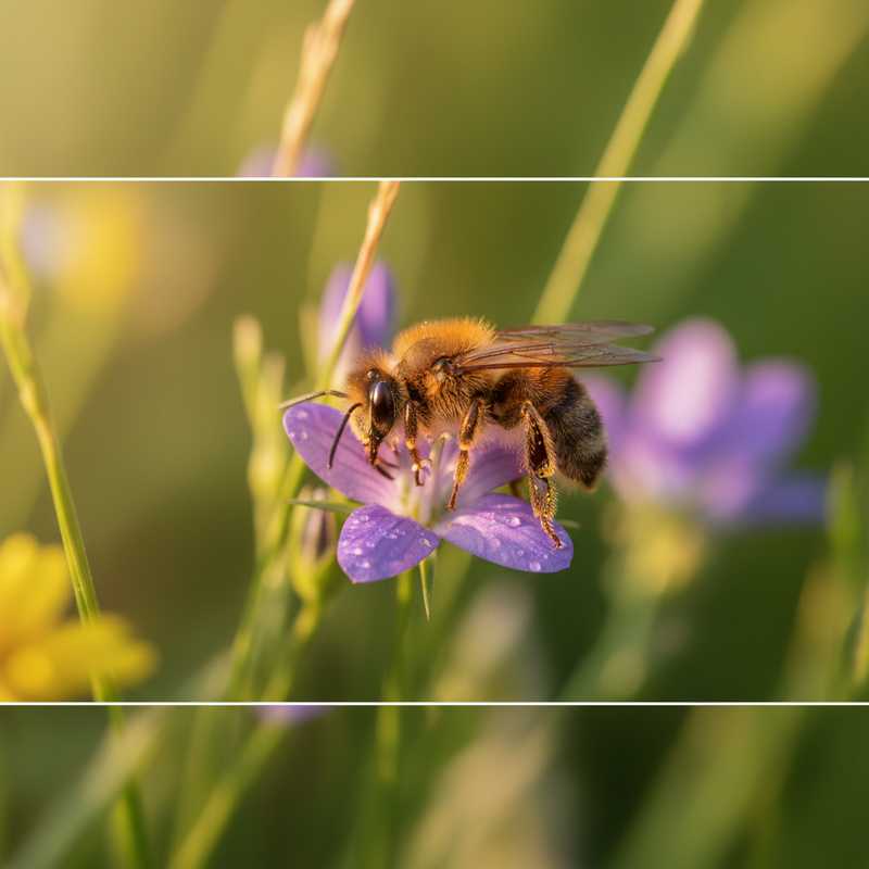 Close-up van een wilde solitaire bij die nectar verzamelt op een paarse wilde bloem in Nederlands natuurgebied