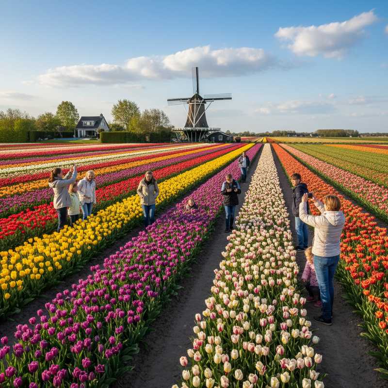 Kleurrijke rijen tulpenvelden in Nederland met wandelende gezinnen en een windmolen op de achtergrond