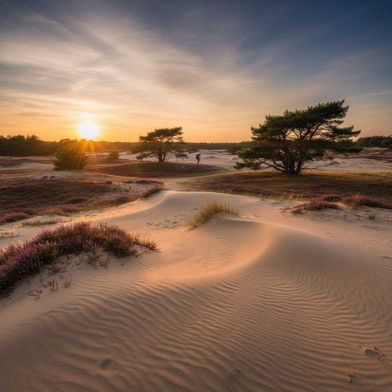 Golvende zandduinen met paarse heide en dennenbomen in een Nederlands stuifzandgebied bij zonsondergang
