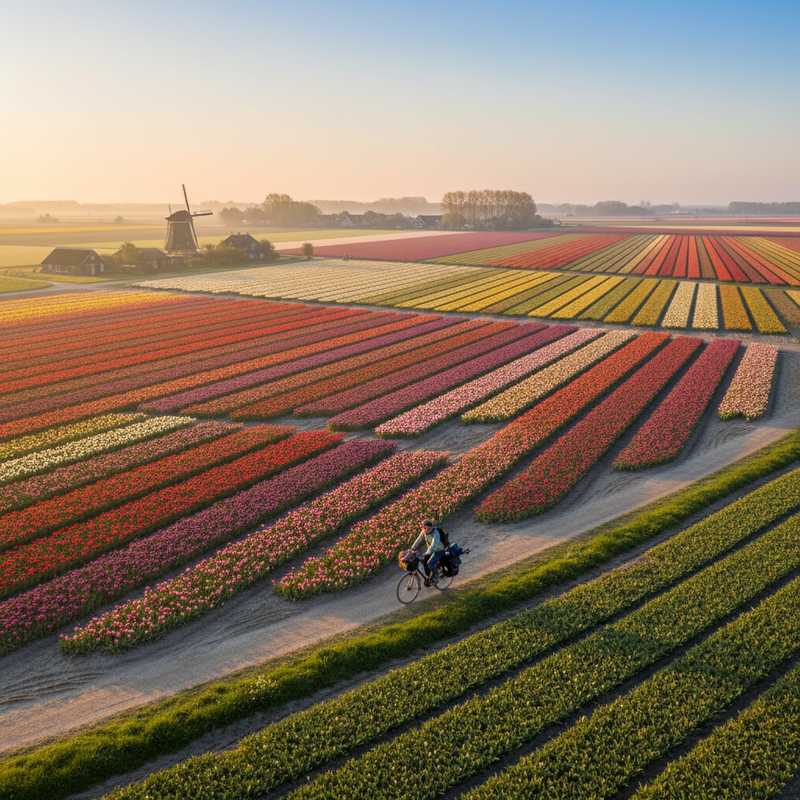 Kleurrijke tulpenvelden in volle bloei met een fietser op een pad ernaast tijdens het gouden uur in de Nederlandse Bollenstreek