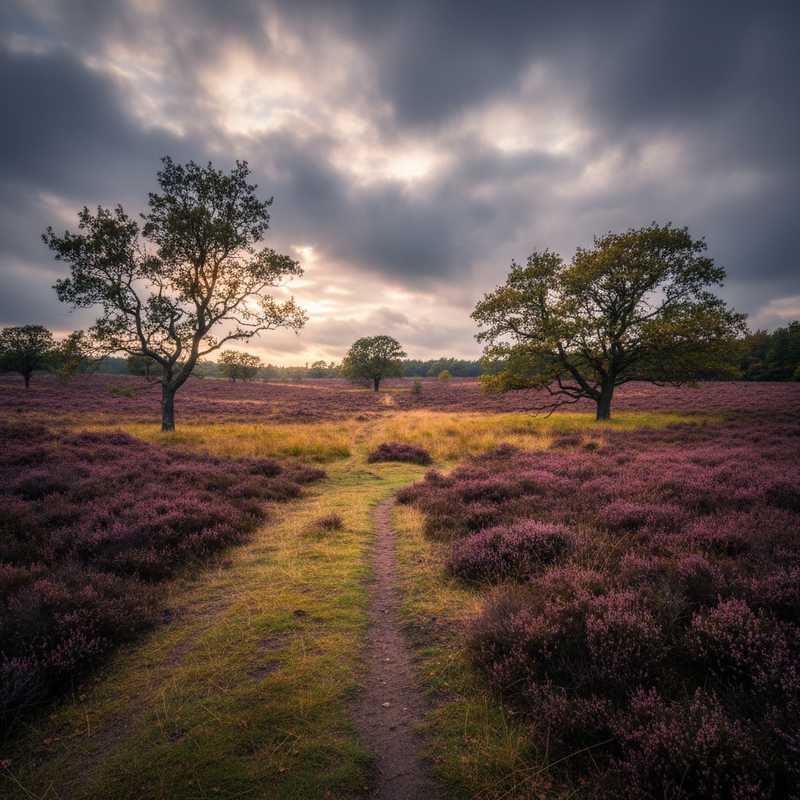 Nederlands heideveld met wandelpad toont gevolgen van stikstofproblematiek en vertraagd natuurherstel