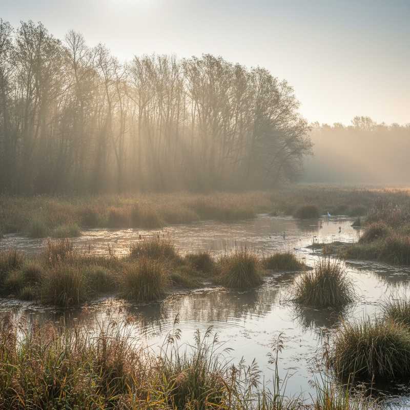 Moeraslandschap met wilgenbomen en riet aan de rand van een plas in ochtendlicht