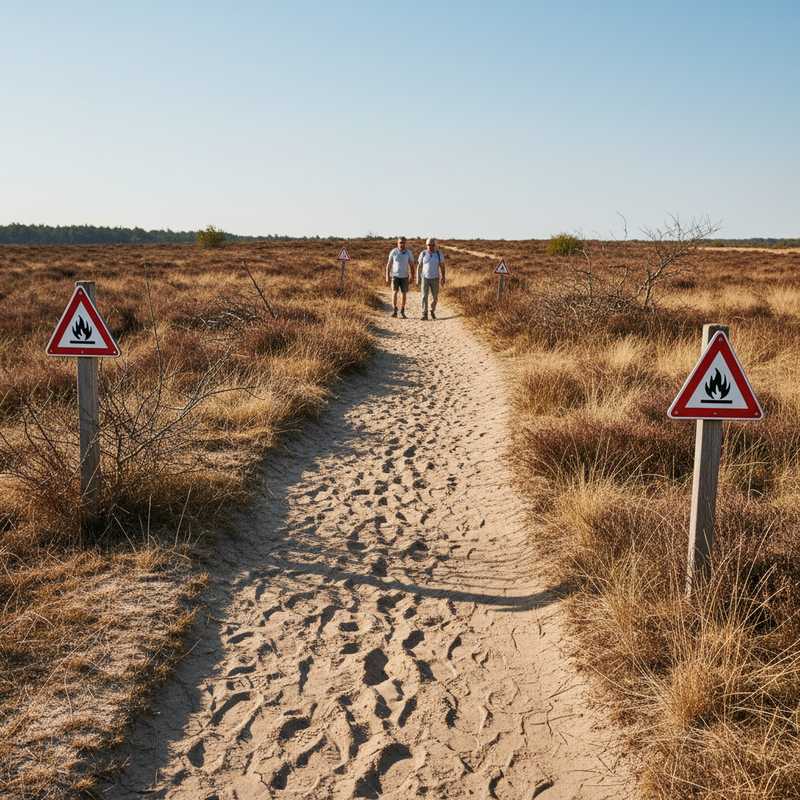 Droge wandelpad door Nederlandse heide met waarschuwingsborden voor brandgevaar onder zonnige lentelucht