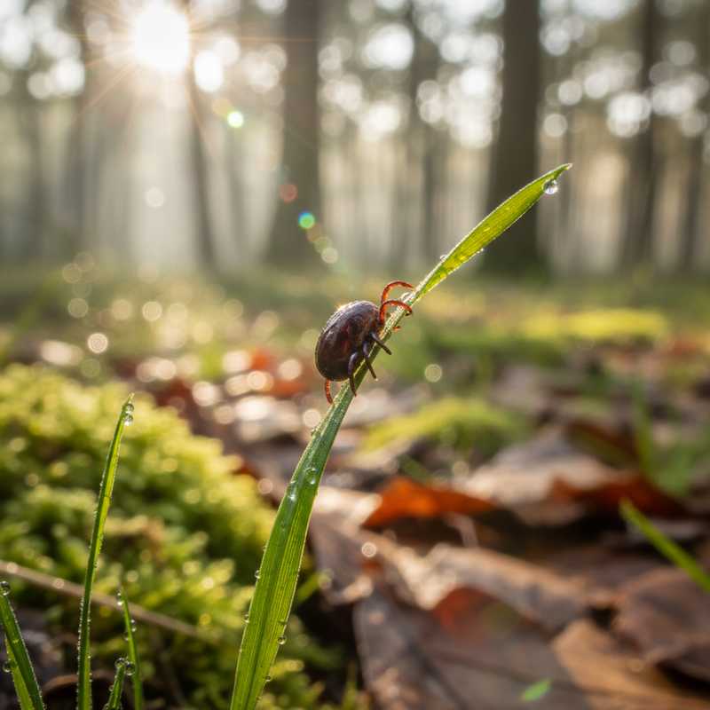Close-up van een teek op een grasspriertje in een Nederlands bos, gevaar voor wandelaars en natuurliefhebbers