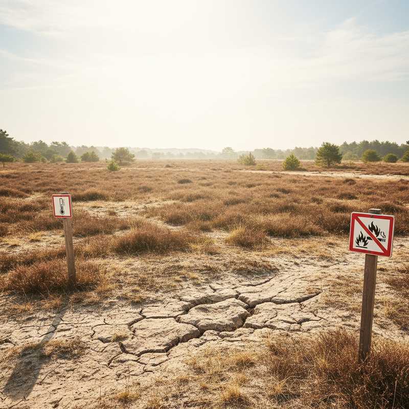 Uitgedroogde heide met bruine vegetatie en gebarsten grond op de Veluwe, symbool voor extreme droogte en brandgevaar in april 2026