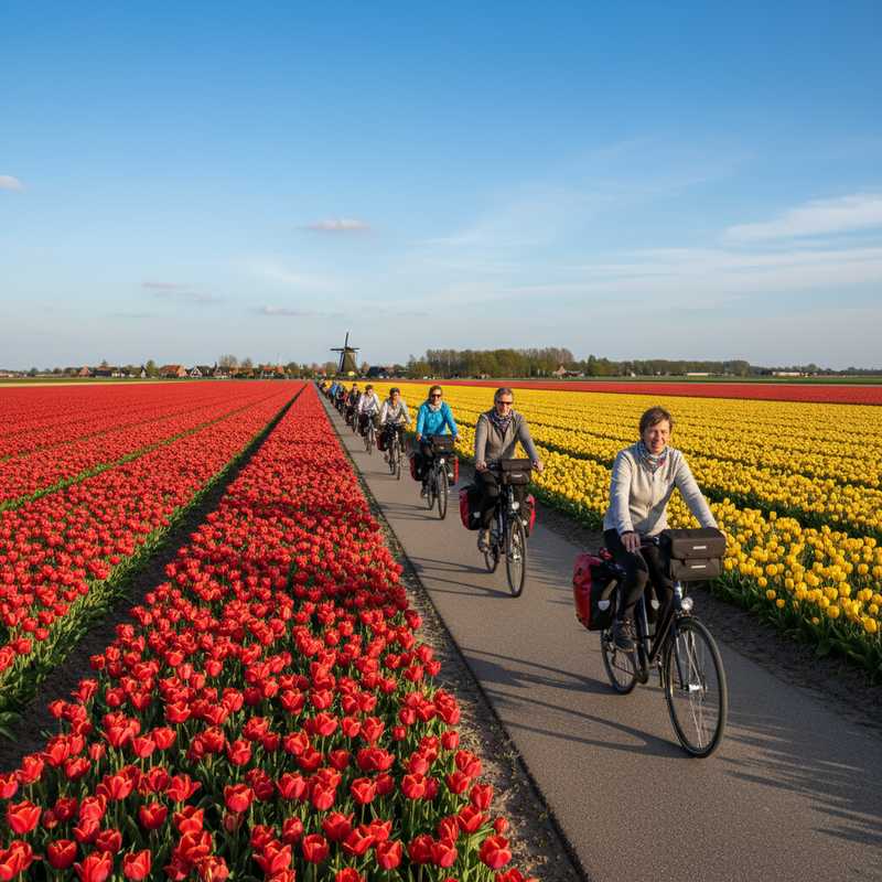 Fietsers rijden door kleurrijke Nederlandse tulpenvelden tijdens een fietsvierdaagse
