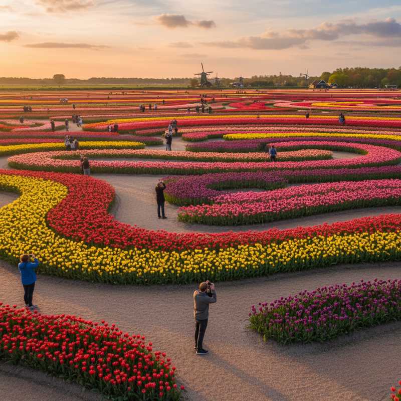 Overzicht van kleurrijke tulpenvelden met wandelpaden door Keukenhof tuinen in Nederland tijdens voorjaar