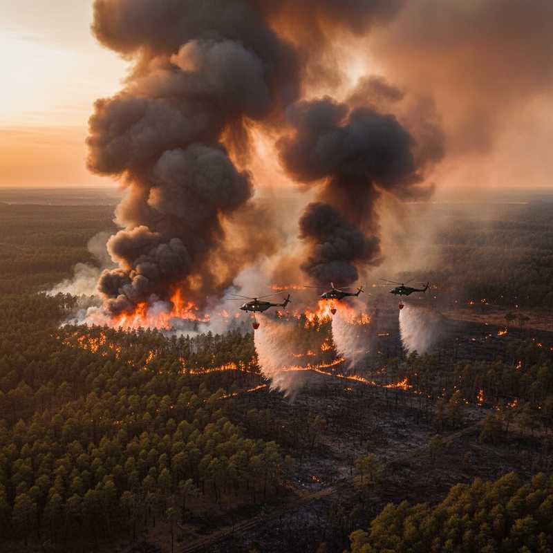Luchtfoto van grote natuurbrand met rookwolken en helikopters die water lossen boven brandend bos op de Veluwe bij 't Harde