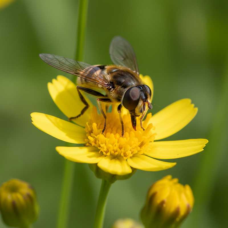 Close-up van een zweefvlieg op een gele bloem in Nederlands natuurgebied