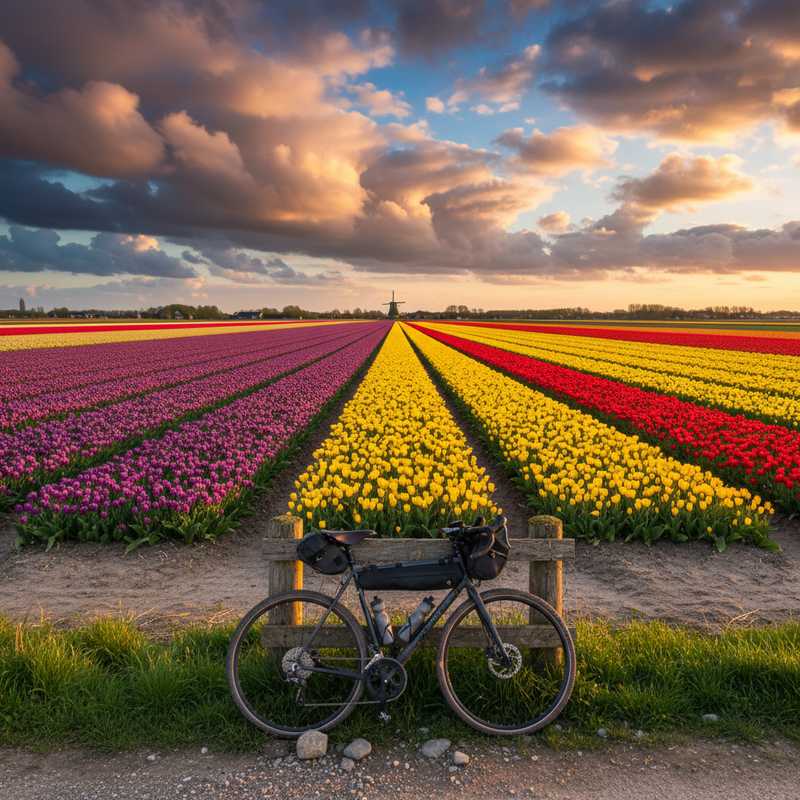 Rows of colorful blooming tulips in a Dutch field with a bicycle in the foreground under cloudy skies