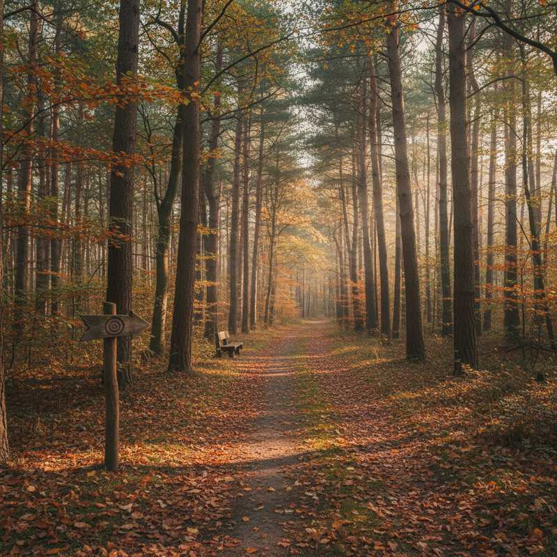 Bospad in Drenthe met houten reflectievragenbord tussen dennenbomen en rustbank op de achtergrond