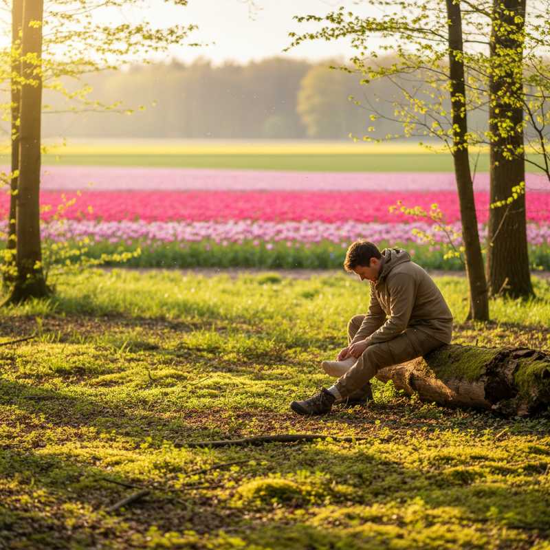 Wandelaar in lange kleding controleert enkel op teken in Nederlandse bosrand met tulpenvelden op achtergrond