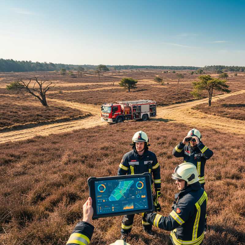 Nederlandse heide met droge vegetatie en brandweerlieden die digitale dashboards controleren voor natuurbrandrisico