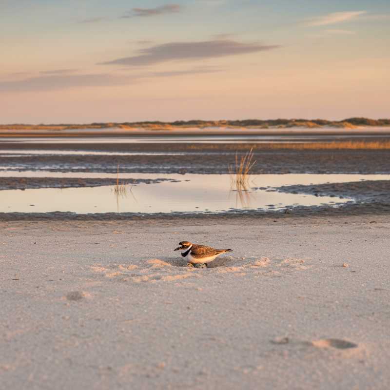 Bontbekplevier vogel zittend op nest in zandige kusthabitat met modderplaten op de achtergrond in Nationaal Park Lauwersmeer