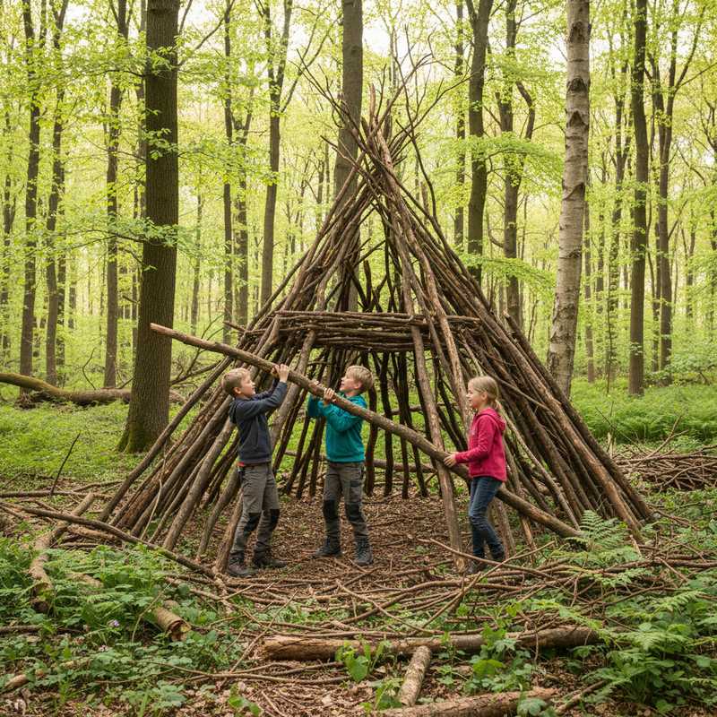 Kinderen verzamelen takken en bouwen een hut in een groen Nederlands bos
