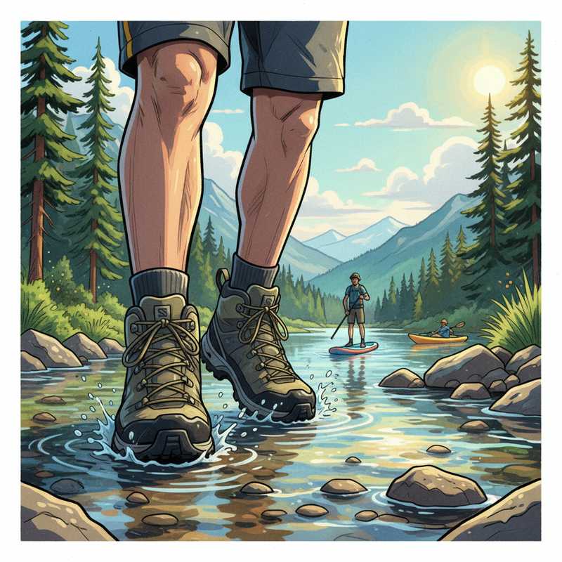 Illustratie van voeten in trailschoenen die door een beekje stappen, met regendruppels op de schoenen. Op de achtergrond zijn silhouetten van een supper en een kajakker te zien.