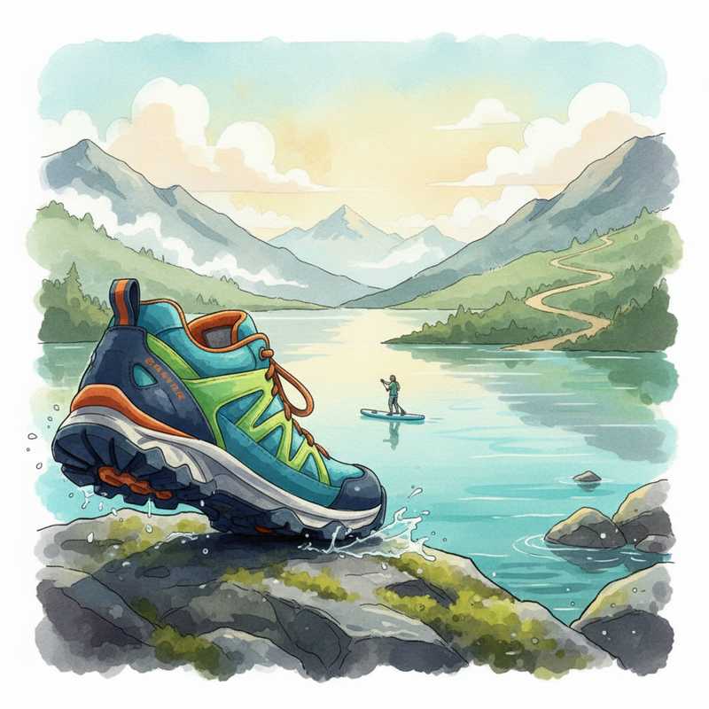 Een gedetailleerde, kleurrijke illustratie van stevige outdoor schoenen die stevig op een natte rots staan, met een serene achtergrond van een meer met een suppende persoon en glooiende bergen.