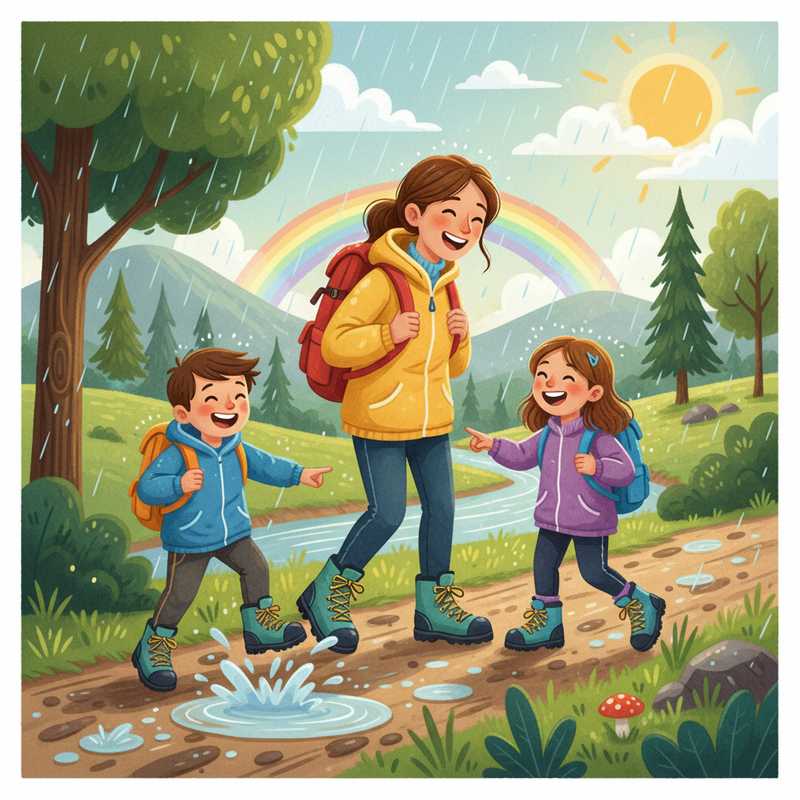 Een kleurrijke tekening van een moeder en twee kinderen die blij wandelen op een modderig pad, met zon en lichte regen op de achtergrond. Ze dragen stevige wandelschoenen.