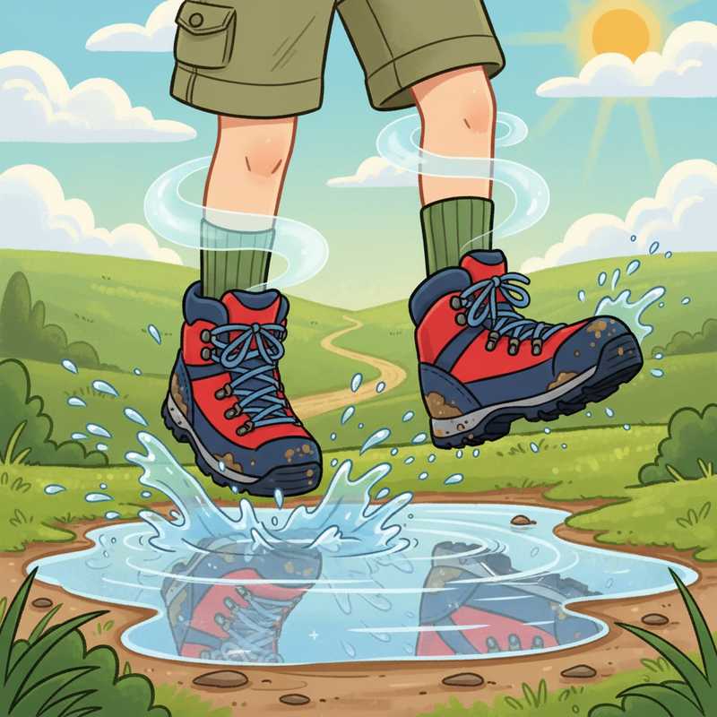Een vrolijke, kleurrijke tekening van een kind met felle wandelschoenen dat in een plas springt. Water spat op rond de schoenen, maar de voeten binnenin zijn duidelijk droog en comfortabel, wat de waterdichte en ademende eigenschappen van Gore-Tex symboliseert.