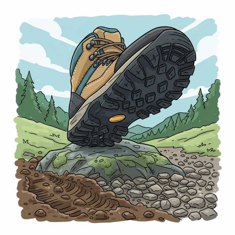 Een gedetailleerde illustratie van de onderkant van een wandelschoenzool die grip heeft op verschillende soorten terrein: modder, natte rots en los grind.