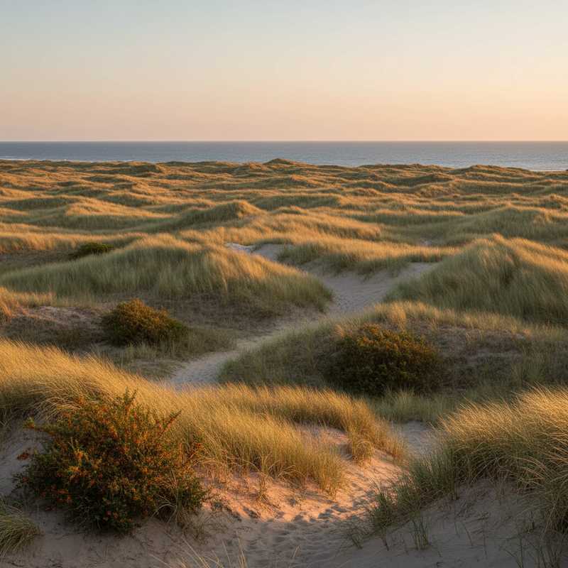 Wandelpad door glooiende duinen met helmgras in het Nationaal Park Hollandse Duinen met zicht op de Noordzee