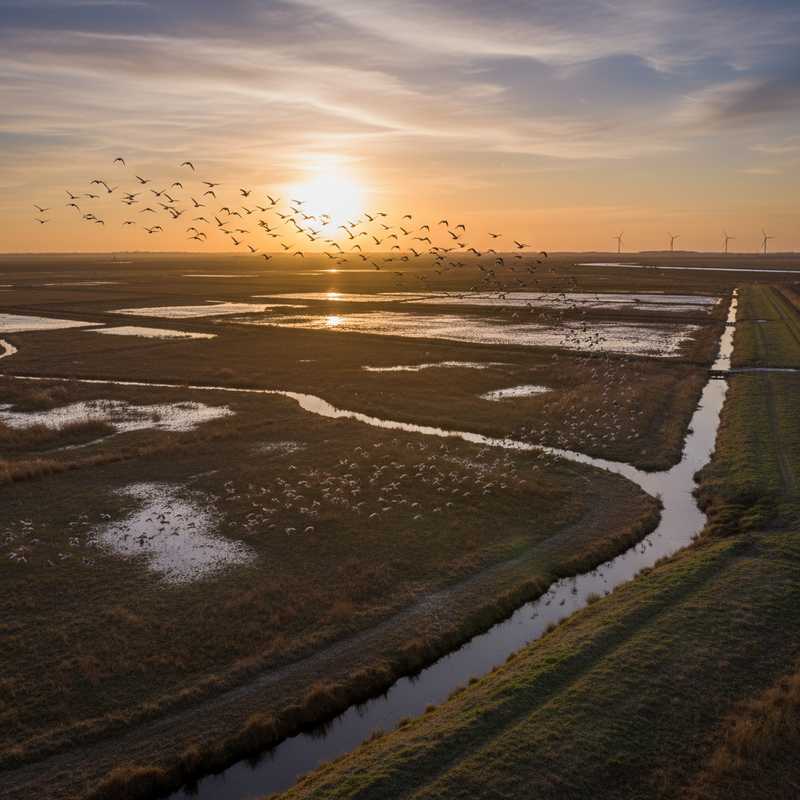 Een groep trekvogels vliegt over het vlakke polderlandschap van Nationaal Park Nieuw Land met een weidse lucht op de achtergrond