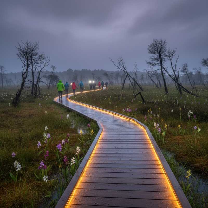 Mistige avondwandeling over verlicht vlonderpad in Wijst-natuurgebied met wandelaars in regenjassen