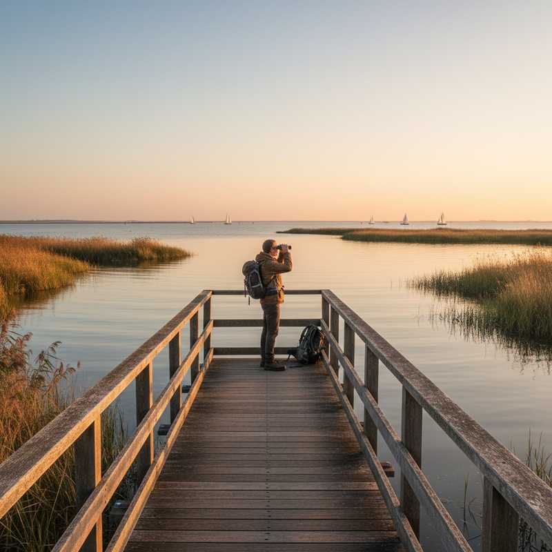Wandelaar met verrekijker op houten vlonder bij het IJsselmeer tijdens gouden uur, met riet en zeilboten op de achtergrond