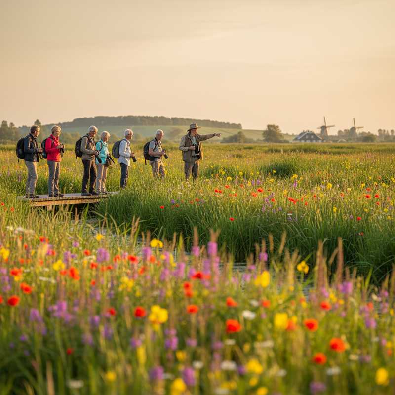 Natuurgids met groep wandelaars tijdens vogelexcursie in Nederlands moerasgebied bij zonsondergang