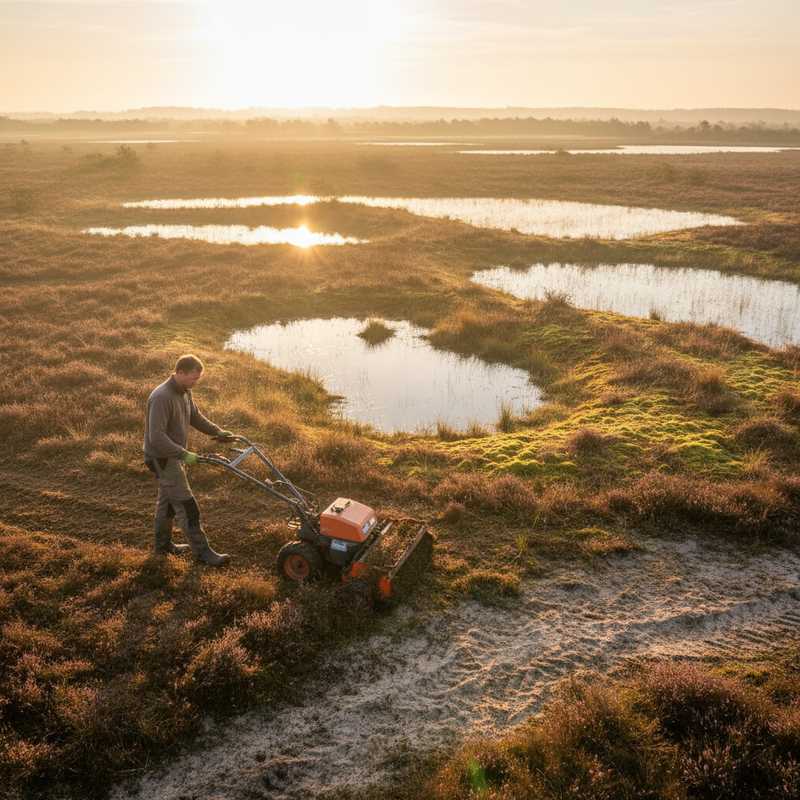 Natuurbeheerder voert herstelwerkzaamheden uit op een heideveld met zichtbare natte zones op de achtergrond