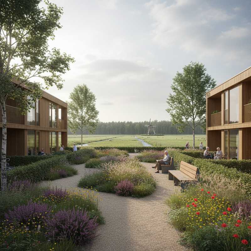 Modern groen ouderenwoonhof met wandelpad, bankjes en inheemse beplanting naast open polderlandschap