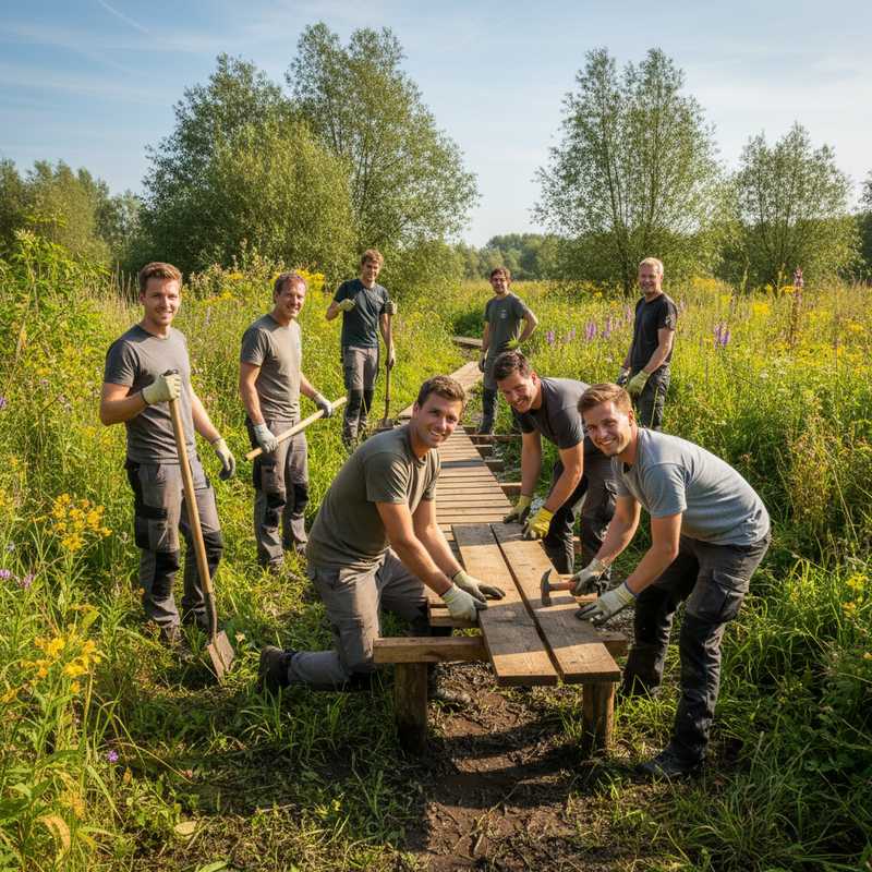 Groep vrijwilligers die samen een houten vlonderpad aanleggen door een nat natuurgebied met groene vegetatie