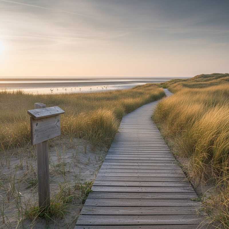 Houten vlonderpad door duinlandschap met informatiebord en vogels op achtergrond op Waddeneiland