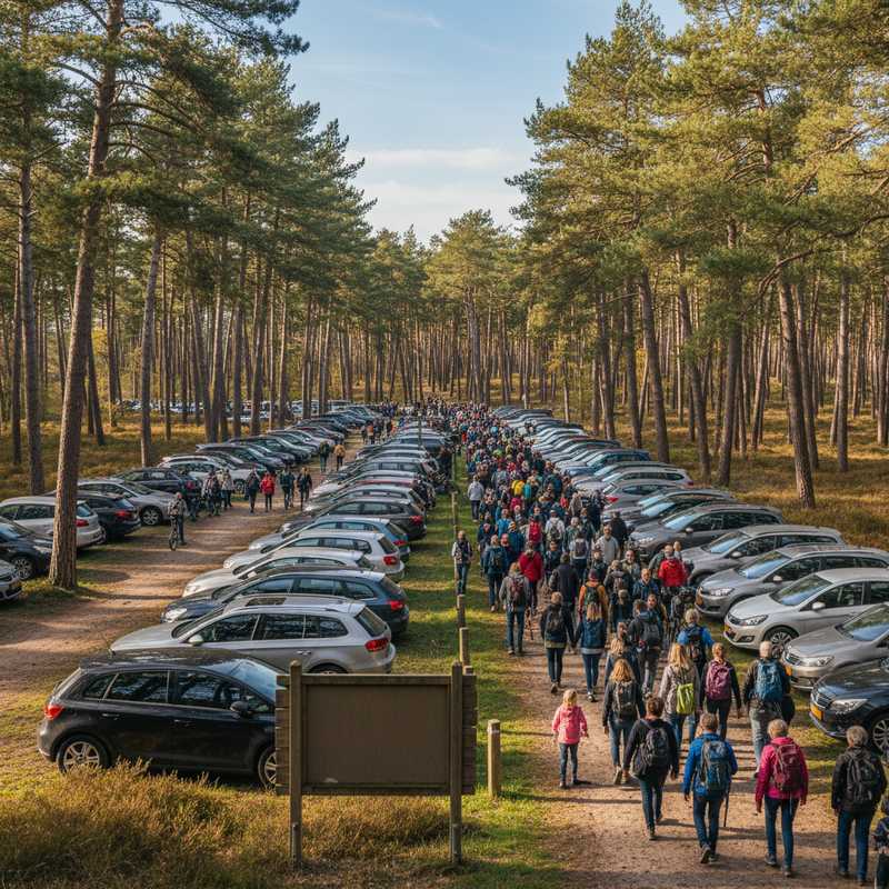 Overvolle parkeerplaats en drukke wandelpaden in het Veluwse bos met veel bezoekers