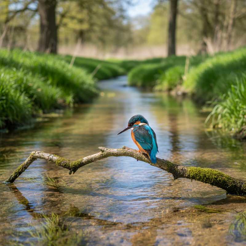 Felblauwe ijsvogel zittend op tak boven heldere beek in natuurgebied Westerwolde