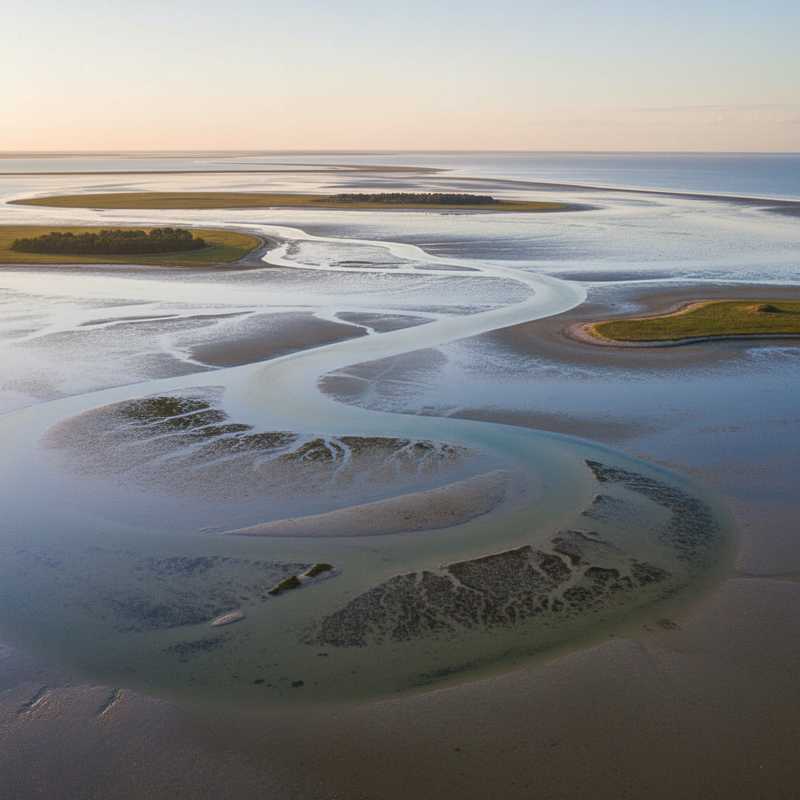 Luchtfoto van de Waddenzee bij laag water met herstelde zeegrasvelden zichtbaar als donkere plekken in ondiep water