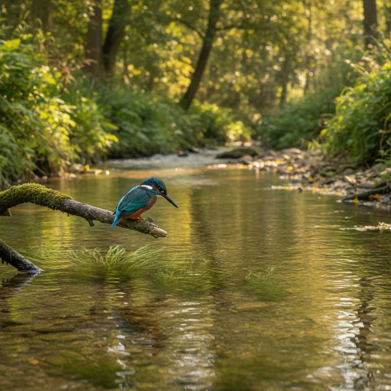 Blauwe ijsvogel zittend boven heldere beek met natuurlijke oevers in Westerwolde