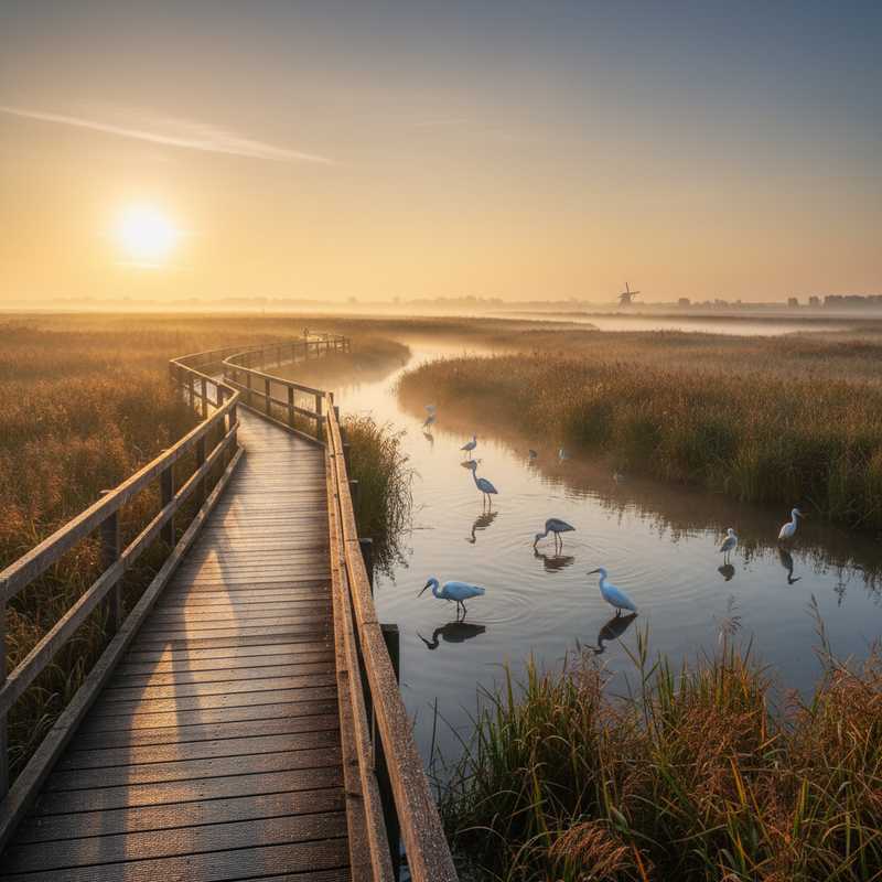 Nederlandse wetland natuurgebied met waadvogels in ondiep water en wandelpad door rietveld bij zonsopkomst