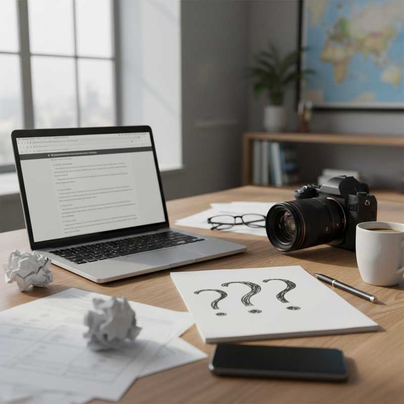 Bureau met laptop, papieren en camera waarop een journalist bronnenonderzoek doet