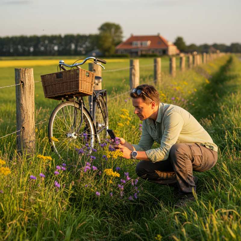 Vrijwilliger fotografeert en inventariseert wilde bloemen langs berm met smartphone tijdens natuuronderzoek