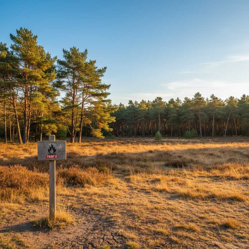 Droge heide en naaldbos op de Utrechtse Heuvelrug met waarschuwingsbord voor brandgevaar